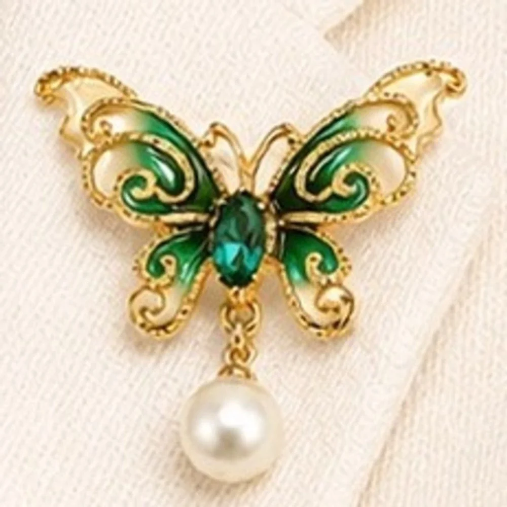 Butterfly Enamel Brooch Gold Tone Crystal Pearl Drop Pin Scroll work Detail